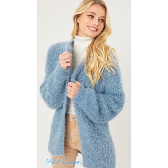 Blue Fuzzy Eyelash Long Stone Soft Open Front Cardigan. - Picture 2 of 5